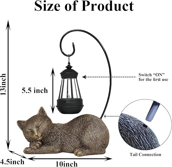 Cat Statue for Garden - 13' Sleeping Cat Figurines Solar Light Resin Garden Statues with Large Lantern Outdoor Waterproof Lawn Porch Ornament Decor, Gift for Mom