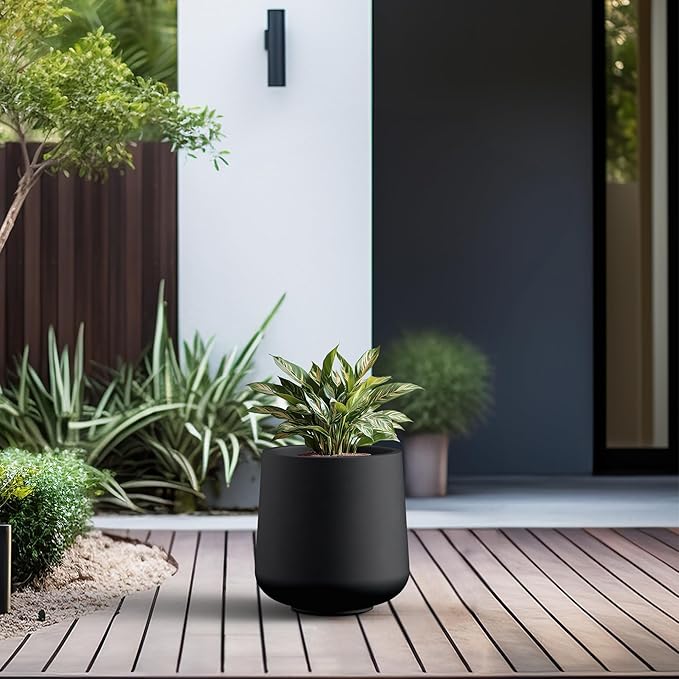 Kante 11.6" Dia Round Concrete Planter, Outdoor Indoor Large Plant Pots Containers with Drainage Hole and Rubber Plug for Home Garden Patio, Black