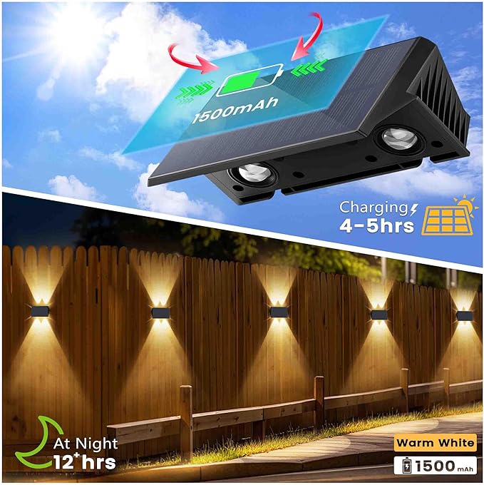 Fence Lights Solar Powered, 6-Pack Solar Fence Lights Up/Down Flexible Buttons, IP67 Waterproof for Outdoor, 120LM Bright, Auto Dusk to Dawn for Wall/Stairs/Yard/Railing/Deck/Pathway (Warm White)