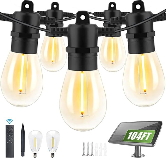104FT(98+6) Solar String Lights Outdoor Waterproof, Solar Powered Patio Light with 30+2 Dimmable S14 Edison Bulbs Shatterproof & Remote Control, Solar String Lights for Outside Garden Backyard