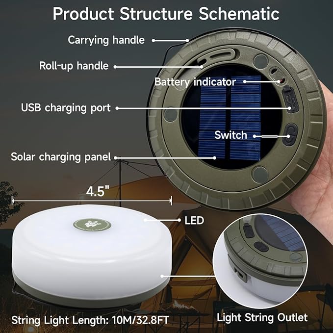 Solar Camping String Lights Roll Up 32.8FT, Rechargeable via Solar and USB, Waterproof Portable 2 in 1 Camping String Lights Lamp for Outdoor Camp Tent Garden Party Festival Decorations