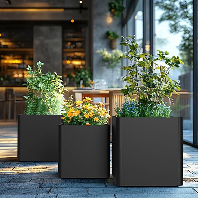 Large Metal Square Planter 26" L x 26" W x 26" H, Heavy Duty Black Large Outdoor Planters with Drainage Hole for Porch/Patio/Garden