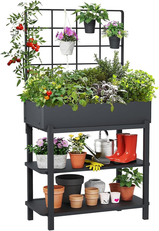 Elevated Planter Box with Trellis Raised Garden Bed with Legs Outdoor Standing Flower Beds for Patio Vegetable Herb