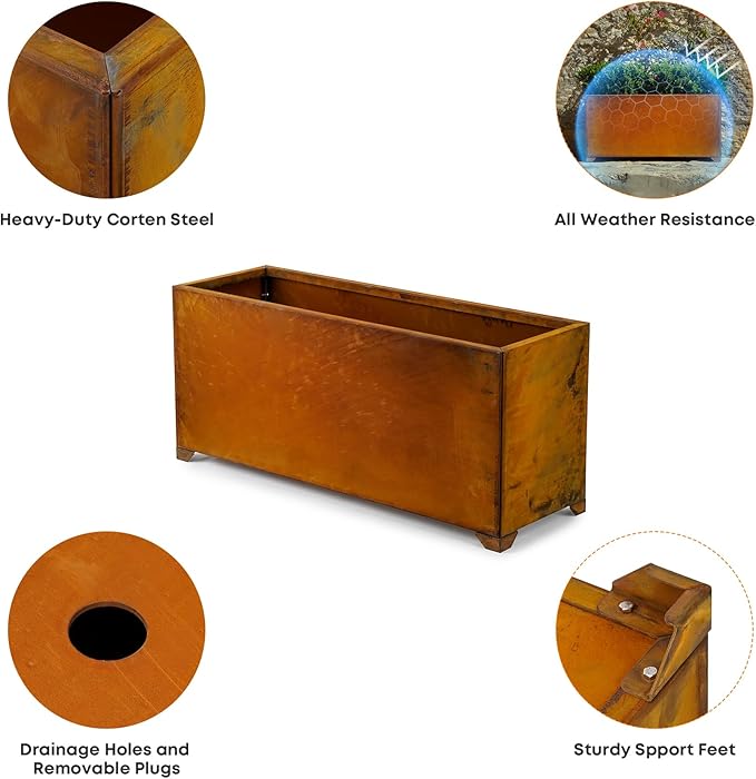 Stanbroil Corten Steel Planter Box for Outdoor Patio - 36 X12 X16 Inch Large Rectangular Metal Planter Box with Natural Rusty and Drainage Holes for Raising Flower, Plants