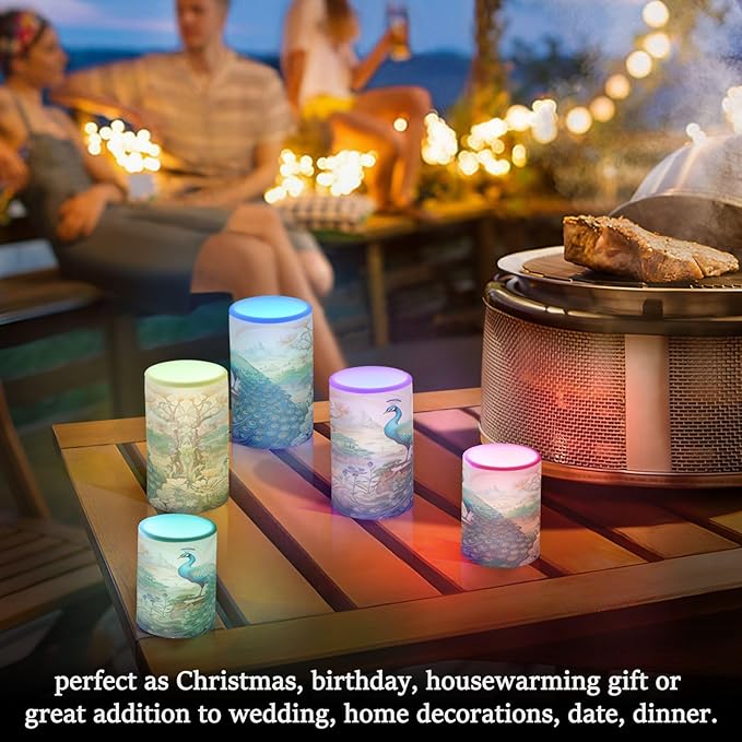 Flickering Flameless Candles, Peacock Garden LED Candles with Remote Timer, Set of 2 Battery Operated Candle for Valentine Wedding Birthday