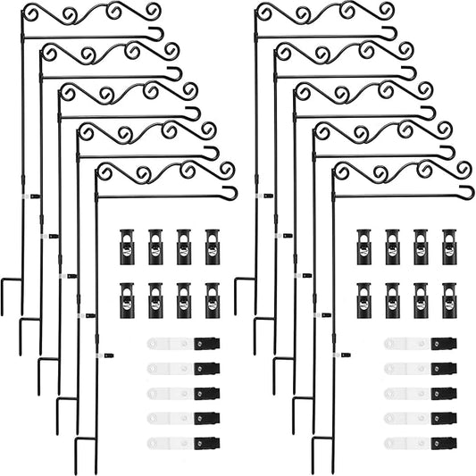 10 Pack Garden Flag Stand with Flag Stoppers and Clips, Black Powder Coated Weather Proof Garden Flag Pole Holder for Outdoor Garden Flag (Stylish Style, 15.75 x 36.22 Inch)