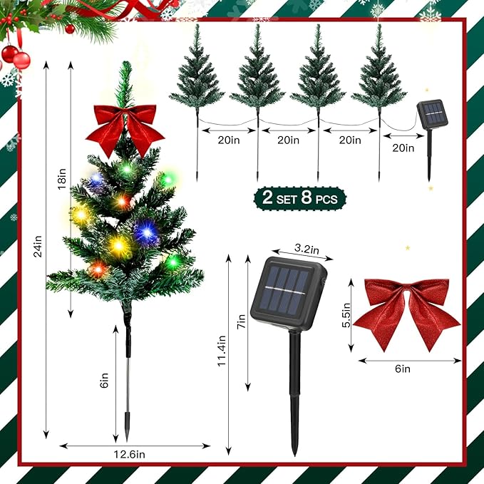 VIHOSE 8 Pcs Solar Christmas Trees Garden Stake Lights Outdoor Xmas Pathway Lights with Decorative Bows Solar Powered Pre-lit Christmas Tree Decor for Outdoor Winter Garden Patio
