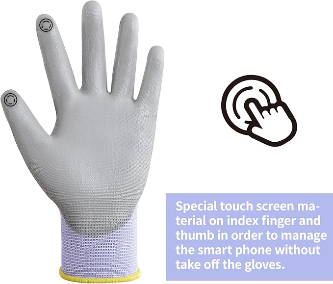 DULFINE Work Gloves for Men PU Coated 12 Pairs Bulk Pack,Purple Seamless Knit Glove with thin Polyurethane,Two Finger Touchscreen, for Men and Women, Ideal for Light Duty Work. (Extra Large)