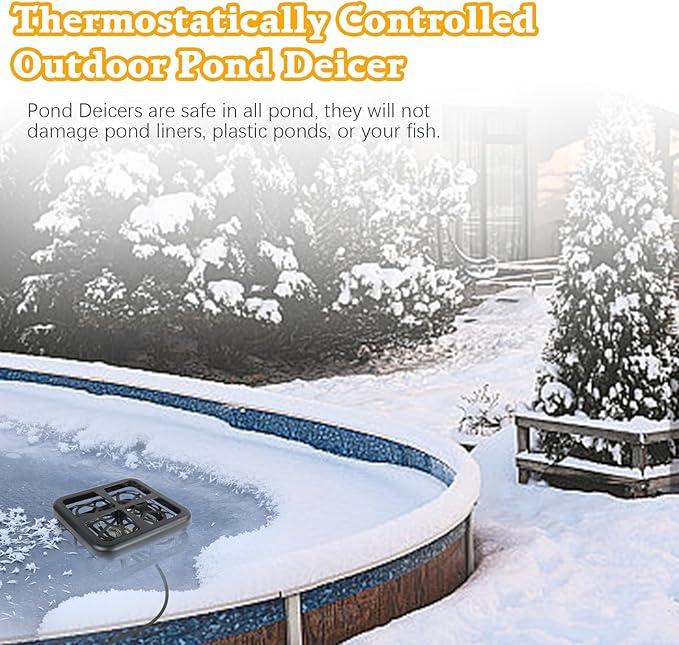 Aobiono Pond Heater De Icer, Winter Thermo Climate Floating Survival Solution for Outdoor Fish Pond Koi, Thermostat Control for Water Stock Tank Livestock Bird Bath Pet, 12 ft Cord (1000W)