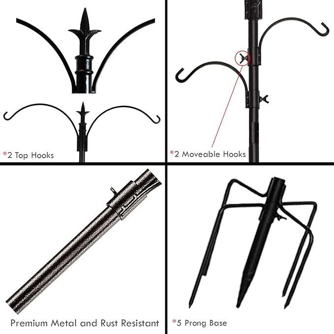 Premium Bird Feeding Station with 2 Bird Feeders Included for Outside - Multi Feeder Pole Stand Kit with 4 Hangers, Bird Bath and 5 Prong Base for Attracting Wild Birds - 22 Inch Wide x 91 Inch Tall