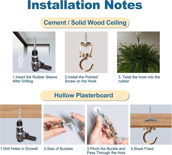 Ceiling Hooks for Hanging Plants (4 PCS Gold),Heavy Duty Metal Plant Hooks, Screw in Hooks for Hanging Birdfeeders, Lamps, Planters, Outdoor Decorative Hooks up to 33 lbs