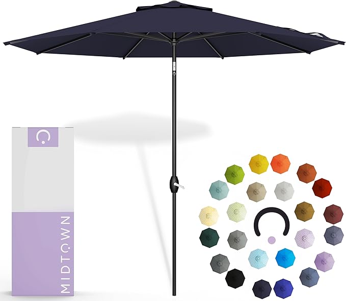 Midtown Umbrellas 10-Year-No-Fade - 9 Ft - UV Proof Navy Blue Polyester Fabric - Umbrella Outdoor Patio, Auto-Tilt Aluminum Frame Patio Umbrella for Garden, Pool & Deck - Black Pole