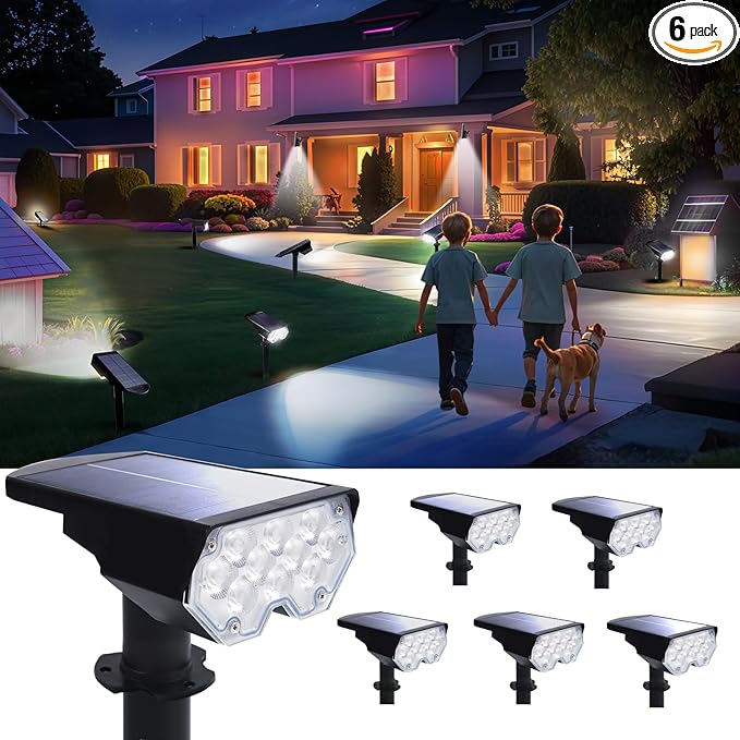 Solar Power Spotlight Outdoor Waterproof Landscape LED Accent Lighting for Yard, Tree, Plants, Walls, Path, Garden, Statues, Adjustable Brightness,Dusk to Dawn Long Lasting 6 Pack Cool White
