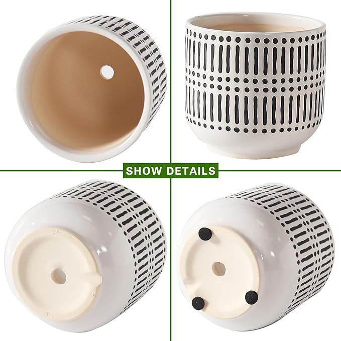 Docrin Plant Pots Ceramic: 6.5+5.3+4 Inch Flower Pots with Drainage Holes for Home/Office - Set of 3/White and Black