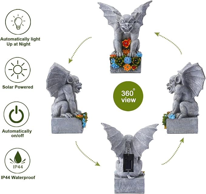 Solar Gothic Gargoyle Garden Statues: Outdoor Sculptures with Succulent Lights Decor for Patio Lawn Yard Art - Gifts for Mom Grandma