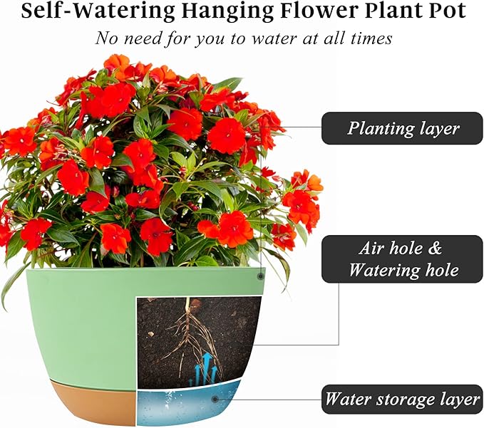 Bevgems 3 Pack 8.26 Inch Hanging Planters, Plastic Self-Watering Hanging Flower Plant Pot, Decorative Flower Pot Holder with Drainage Holes & Removable Tray for Indoor Outdoor Plants,Flowers, Herbs