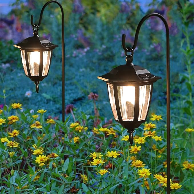 Dynaming 6 Pack Solar Hanging Lights Outdoor, Solar Powered Garden Decorative Lanterns with 6 x 38 Inch Shepherd Hooks, Waterproof Landscape Lighting for Lawn Patio Yard Pathway Driveway, Warm White