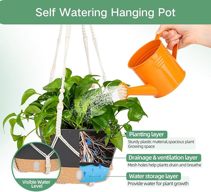 QCQHDU 2 Pack Hanging Planters for Indoor Plants, Outdoor Hanging Baskets, Self Watering Pots with Drainage Holes & Removable Tray (Dark Grey, 8 inch, Macrame Hanger)