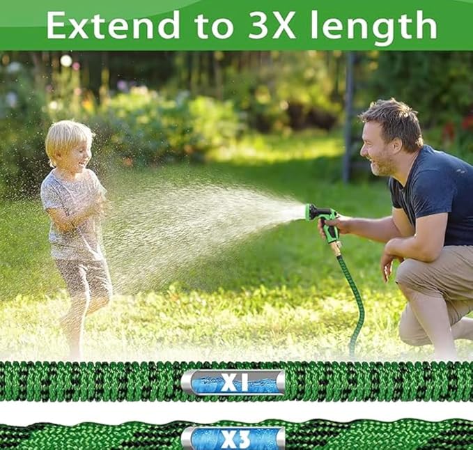 J&B XpandaHose 100ft Expandable Garden Hose with Holder - Heavy Duty Superior Strength 3750D - 4 -Layer Latex Core - Extra Strong Brass Connectors and 10 Spray Nozzle w/Storage Bag (Green 100)