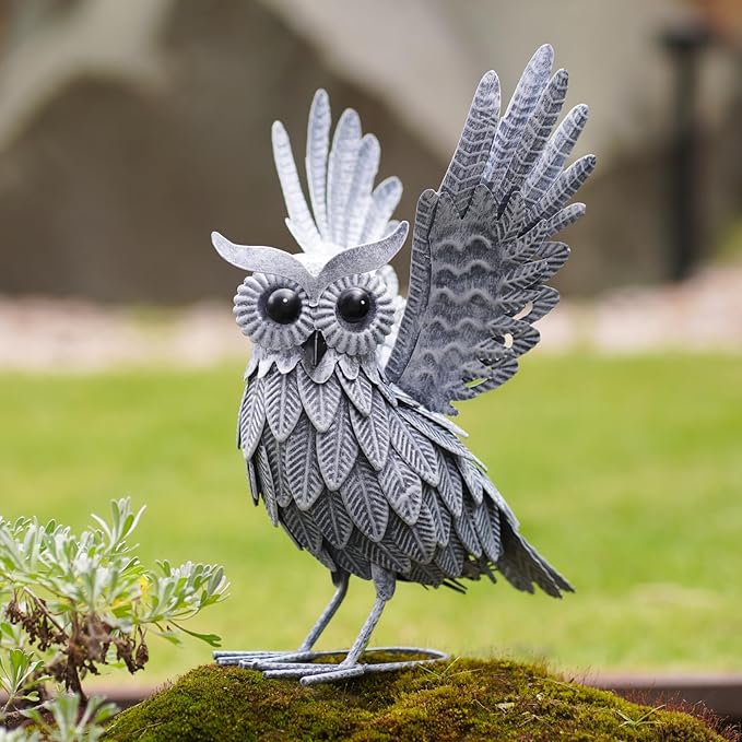 Nacome Owl Garden Decor Metal Yard: Art Outdoor Sculptures & Statues Large Bird Ornaments for Patio Balcony Front Backyard - Gifts for Grandma Mom(Gray)