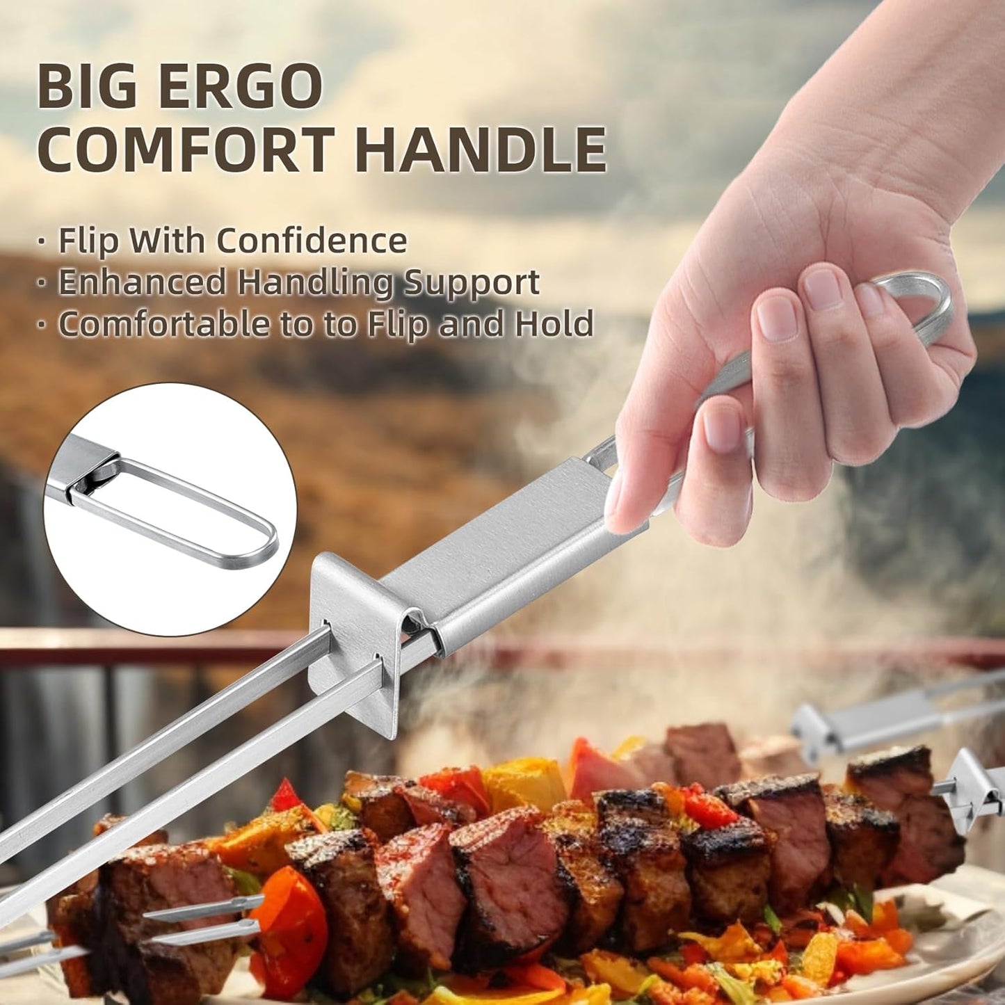 13inch 12(packs) Double Fork Flat Stainless Steel BBQ Skewers with Push Bar, Reusable Skewers for Grilling Kabob Skewer for Meat, Vegetable, BBQ Accessories