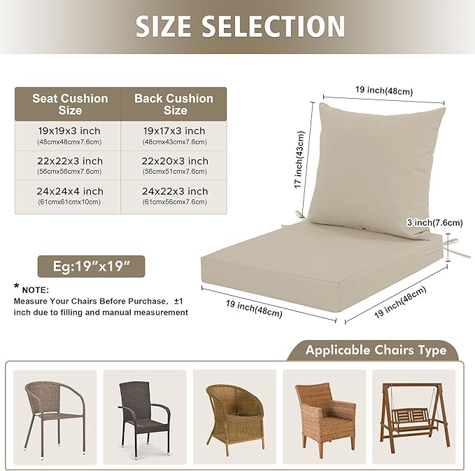 24x24 Inch Outdoor Cushions for Patio Furniture, Waterproof Outdoor Chair Cushions w/Fade-Resistant, Removable & Machine-Washable Covers, Deep Seat Sofa/Couch Pad Replacement – Set of 4, Cream