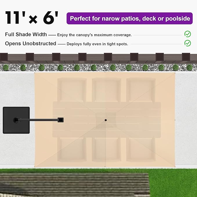 PURPLE LEAF 6.5' X 10' Left-right Tilt Patio Umbrella with Base Outdoor Cantilever Swivel Rectangle Umbrella Aluminum Offset Umbrella with 360-degree Rotation for Garden Deck Pool Patio Beige