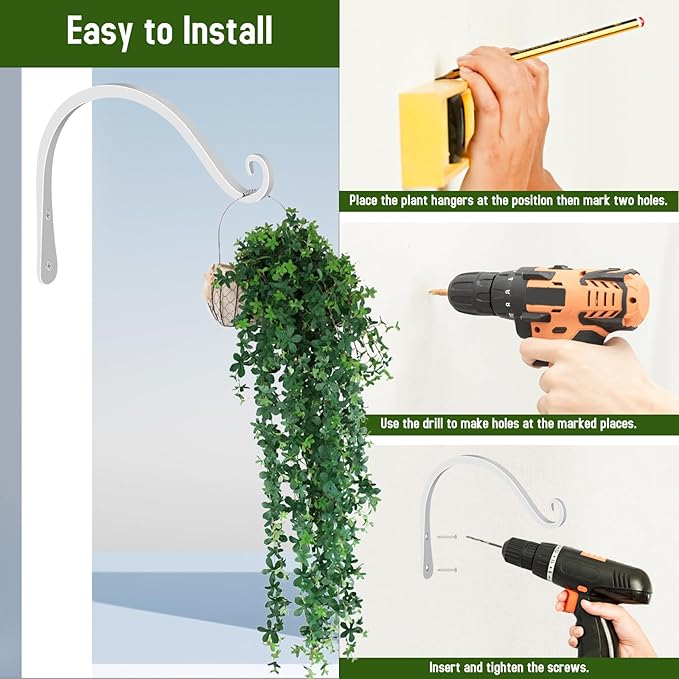 FEED GARDEN Iron Wall Hooks Decorative Metal Curved Plant Hanger Hooks, Indoor/Outdoor Use for Hanging Bird Feeders, Wind Chimes, Flower Baskets, Yoga Mat, (White, 8 Inch 2 Pack)