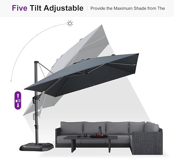 PURPLE LEAF Patio Umbrella with Base 10 Feet Outdoor Cantilever Square Umbrella Aluminum Offset Umbrella with 360-degree Rotation for Garden Deck Pool Patio, Grey