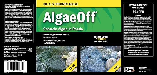 CrystalClear AlgaeOff Pond & Water Garden Scum Cleaner, Waterfall & Rock Slime Remover, String Algae Killer, Green Stain Treatment, EPA Registered Algaecide, Plant, Koi Fish, Bird & Pet Safe, 25 lbs