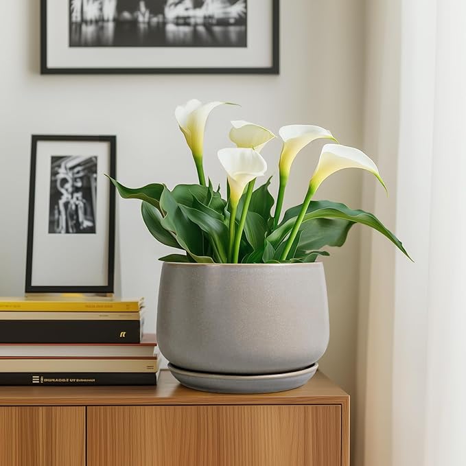 G EPGardening Ceramic Planter 9 Inch - Round Modern Plant Pots with Drainage and Plant Saucer Indoor Outdoor for Flower, Vanity Decor, House Gifts, Retro Grey