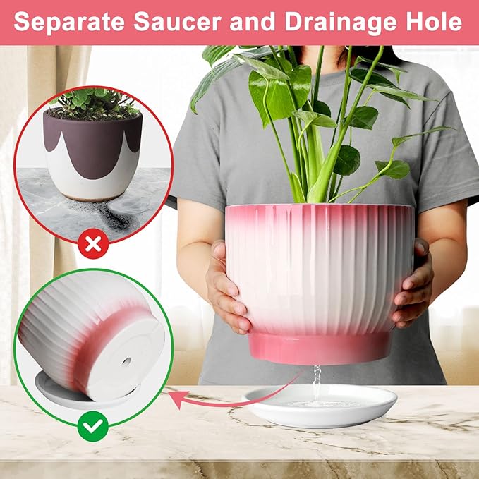 8 Inch Plant Pot, Ceramic Planter with Drainage and Saucer, Ceramic Pots for Plants, Indoor Plant pots,Flower pots(Pink + White, Plants NOT Included)