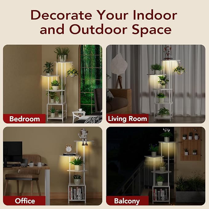 Plant Stand Indoor with Grow Light, 5-Tiered Tall Plant Stand Indoor, Metal Plant Shelf with Hanging Basket Hook and Adjustable Light, Ideal for Living Room, Garden, Patio white