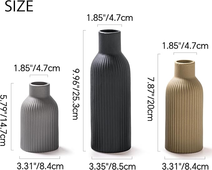 Ceramic Vase Set of 3, Flower Vases for Spring Room Decor, Kitchen Farmhouse, Modern Boho Style(Khaki/Black/Grey)