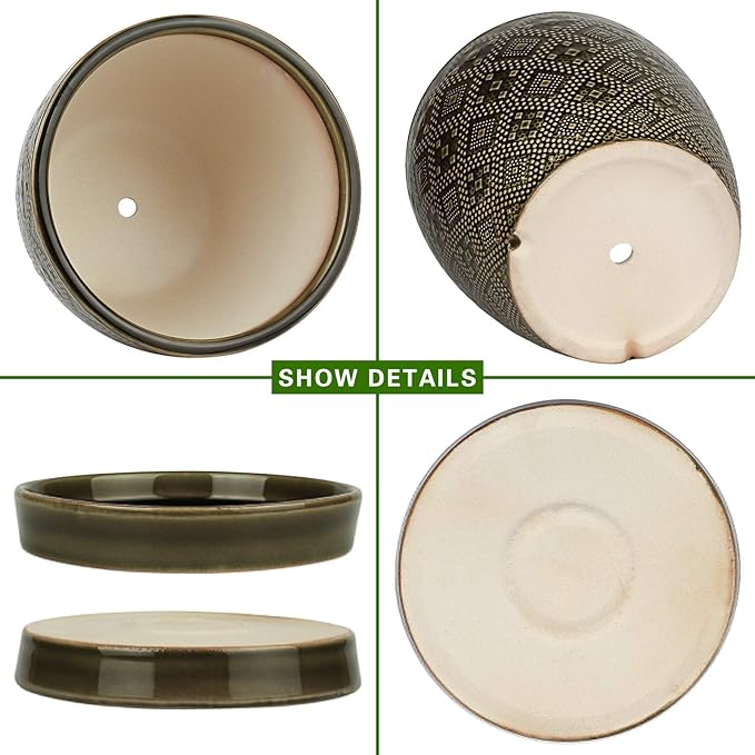 Docrin Ceramic Plant Pots Indoor, 6.6 + 5.5 Inch Planters with Drainage Holes and Saucer for Home/Office - Set of 2 /Dark Green