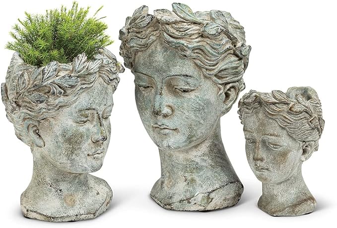 Abbott Collection Goddess Head Planter - Large Cement Indoor and Outdoor Planter Pot - Grecian Woman Statue Head Planter for Flowers and Succulents - Grey (10" H, 4.5" Opening)