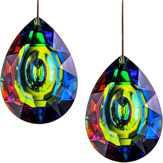 HDCRYSTALGIFTS 2PCS 76mm Crystal Prisms Suncatchers Hanging Ornament for Window, Chandelier Lamp Drops Pendant Rainbow Maker Home Garden Decoration (Single Face Colorful)