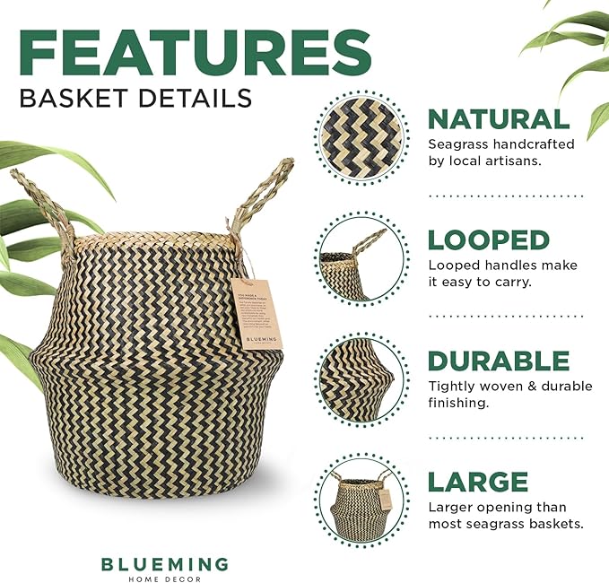 Olive Tree Basket – Small Seagrass Plant Pot for Tall Indoor Artificial Trees, Woven Planter 8-9 Inches, Wicker Baskets for Decorative Storage (Black, Medium)