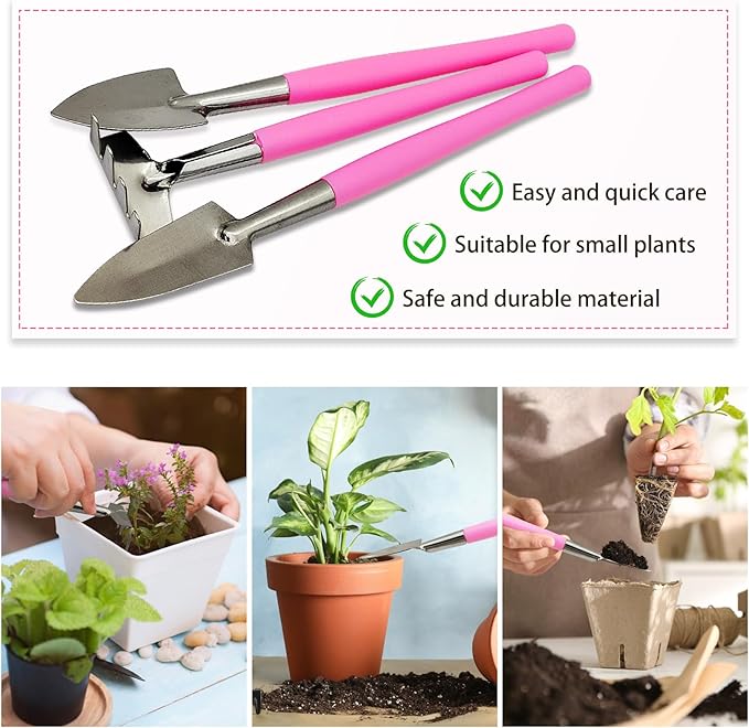 Mini Gardening Tools, 3Pcs Stainless Succulent Tools Kit Shovel Rake Trowel, 2 Colors Hand Shovel for Gardening for Indoor Small Plants, Succulents, Potted Plants, Bonsai (Pink)