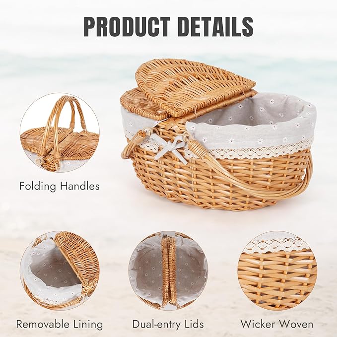 Happypicnic Wicker Picnic Basket with Handle, 15" Large Empty Picnic Basket with Lid & Removable Liner, Vintage Hand Woven Basket for Picnics, Camping, Veg Picking, Mother'S Day, Thanksgiving (Flower)