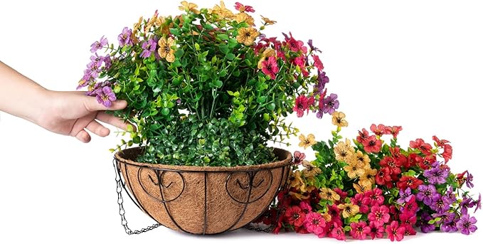 Artificial Faux Hanging Plants Flowers Basket for Summer Outdoor Outside Decoration, Fake Silk UV Sun Resistant Look Real Colorful Daisy Eucalyptus for Porch Home Patio Balcony Yard