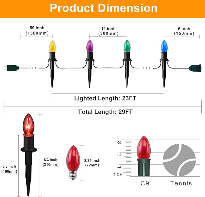 Christmas Pathway Lights Outdoor 29ft, 25 Packs C9 Christmas Walkway Lights with Stakes for Outside, Multicolor Xmas Pathway Lights for Christmas Outdoor Decorations