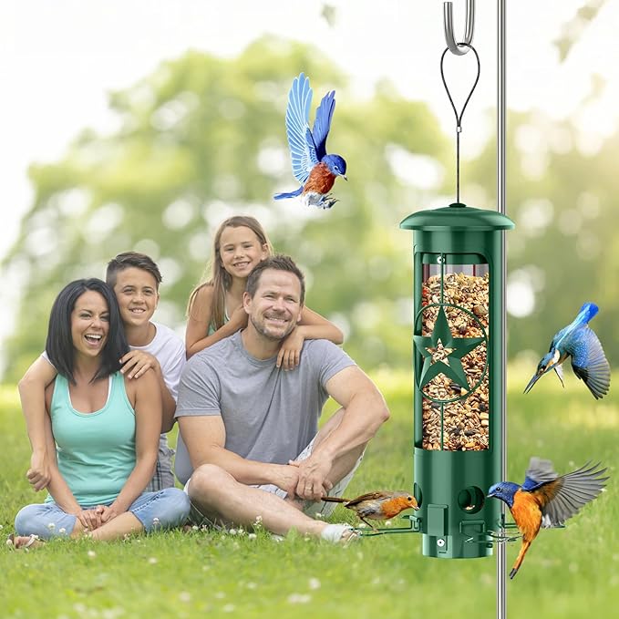 Squirrel Proof Bird Feeders for Outdoors Hanging, Metal Squirrel Proof Bird Feeder with Gravity Protection, 3LB Large Capacity Wild Bird Feeders for Outside Finch, Cardinal, Blue Jay (Green)