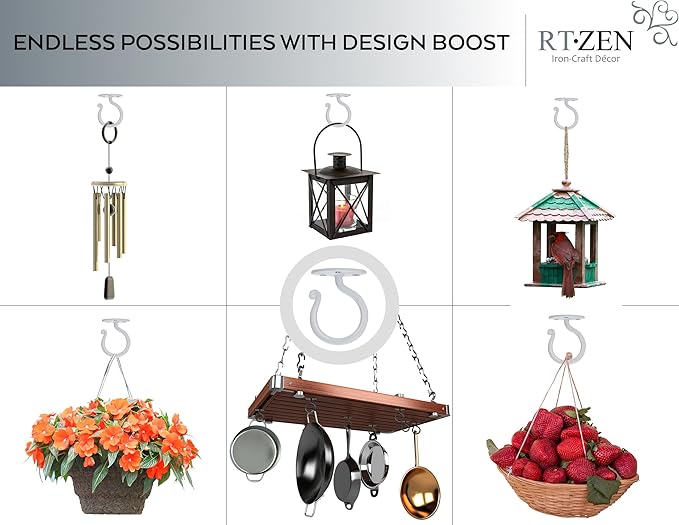 RTZEN Plant Hangers Outdoor or Indoor - Wrought Iron Metal Hanger Indoor Hook - Heavy Duty Wall Bracket Hooks for Hanging Plants Baskets Lanterns Wind Chimes - 2 Pack (White Ceiling Hooks)
