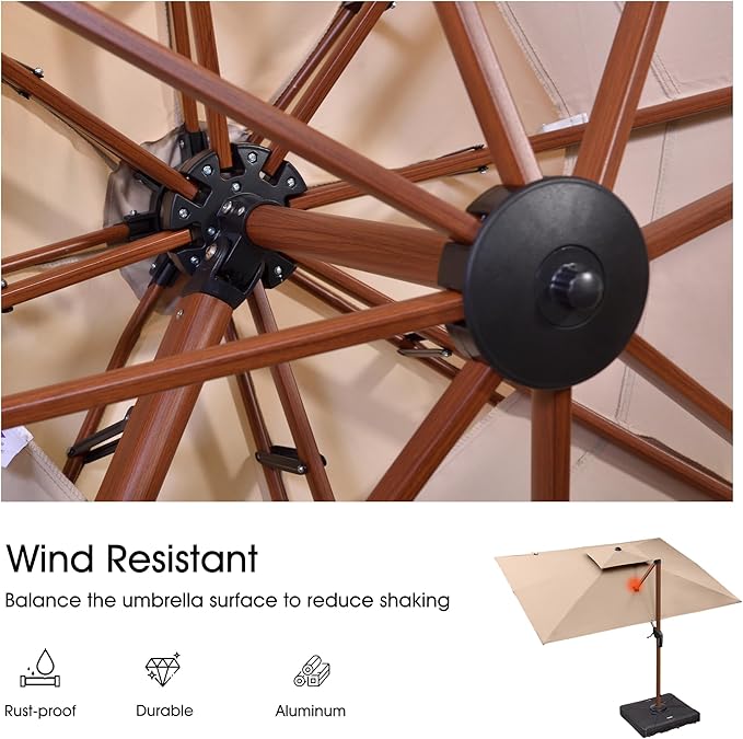 PURPLE LEAF 9' X 12' Double Top Deluxe Wood Pattern Rectangle Patio Umbrella with Base Offset Hanging Umbrella Outdoor Market Umbrella Garden Umbrella, Beige