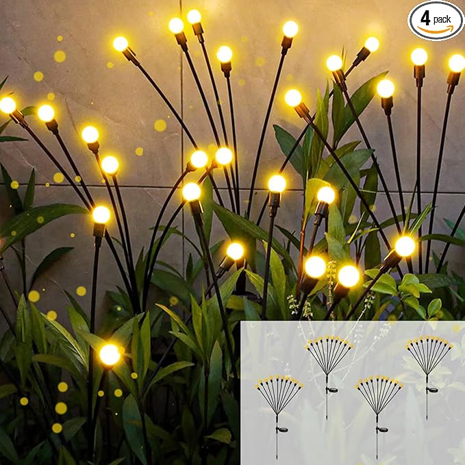 Solar Garden Lights Firefly & Starburst Swaying Lights (4 Pack), Waterproof Outdoor Decor for Yard, Patio, Pathway & Lawn