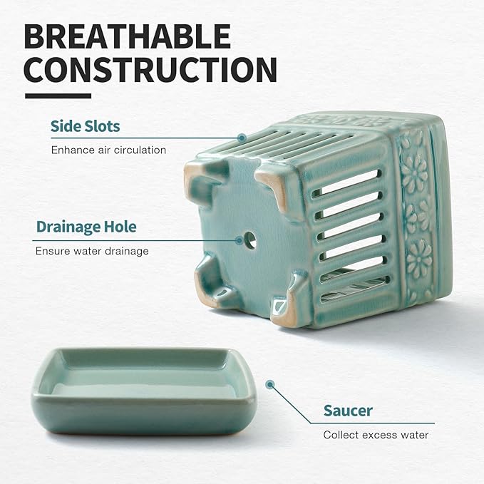 Orchid Pots with Holes | 5" Ceramic Orchid Planter with Separate Saucer and Drainage Holes | Crackle Glazed Pottery Small Flower Pot for Repotting Orchids（Blue）