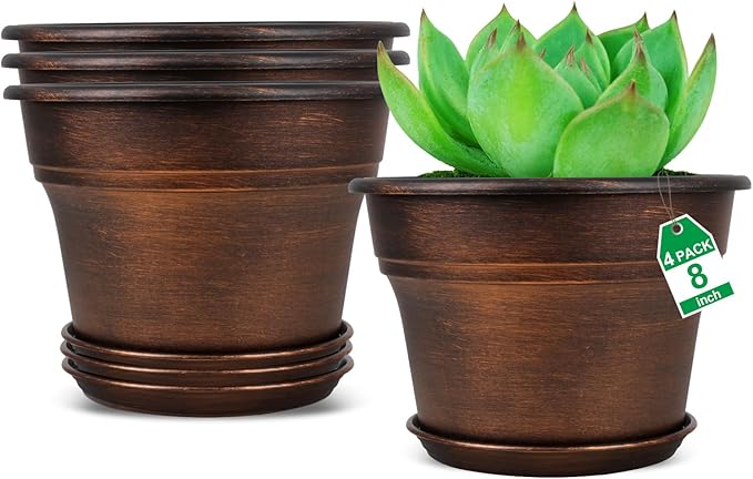 Plant Planters Pots Set of 4 Pack 8 Inch, Plastic Flower Pot for Indoor Plants with Drainage Holes & Trays, Resin Decorative Container Sets with Saucer for House Outdoor Garden Planters Copper