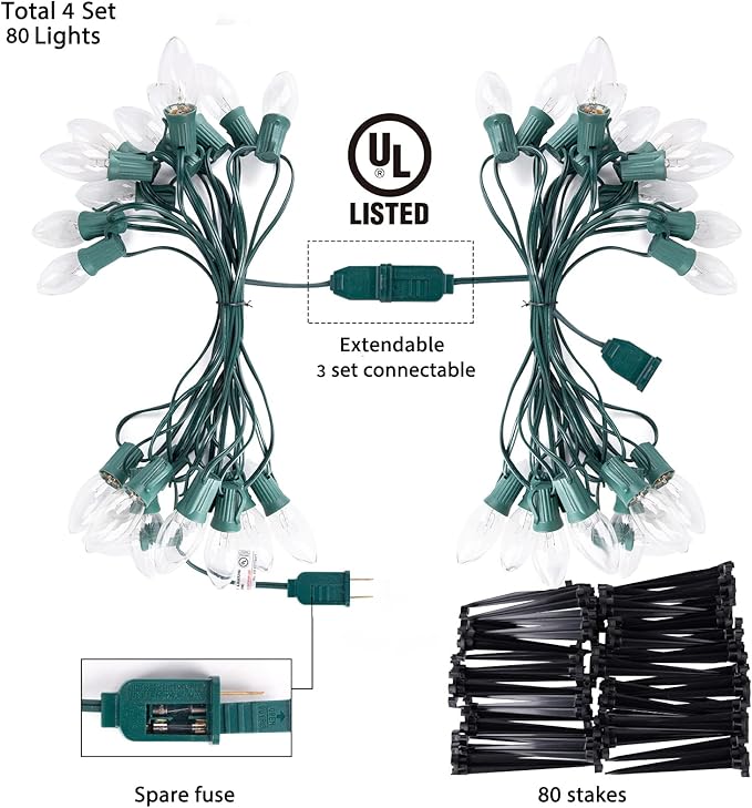 C9 Christmas Lights Outdoor, 4 Packs Total 102.8 Ft 80 Bulbs Christmas Pathway Lights, Waterproof Walkway Lights for Outside Driveway Sidewalk Outdoor Christmas Decorations Yard, Clear