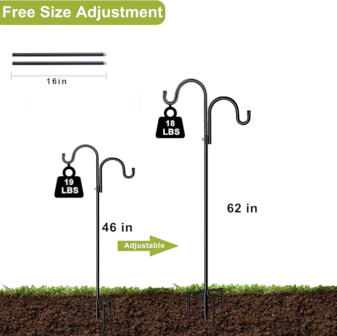 Double Shepherds Hook for Outdoor,62 Inch Bird Feeder Pole with 5 Prongs Base,Adjustable Heavy Duty Garden Hanging Holder for Hanging Plant,Solar Light,Weddings Decor,Hummingbird Feeder(1 Pack)